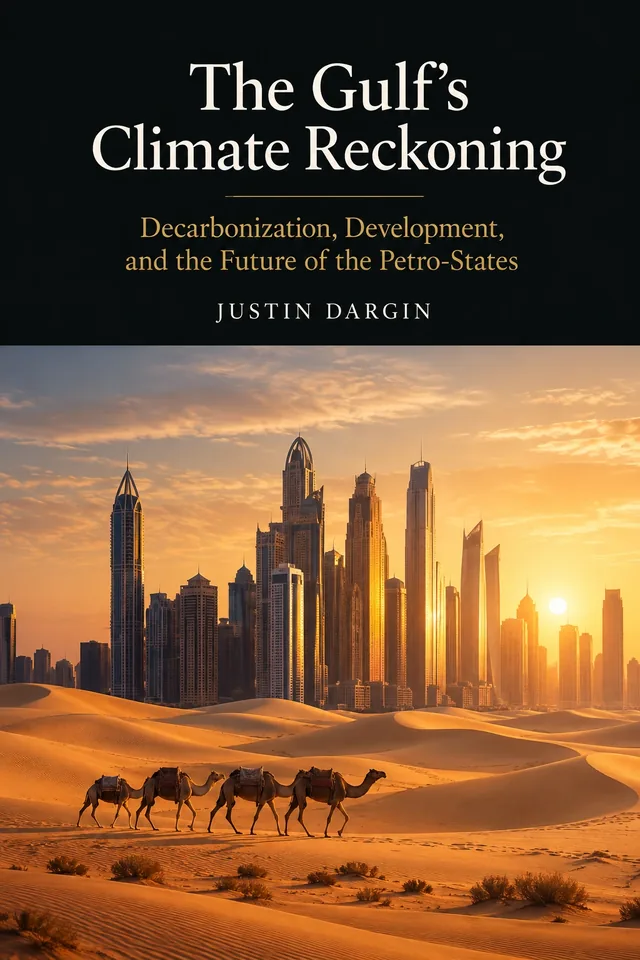 The Gulf’s Climate Reckoning book cover showing Dubai’s skyline and desert at sunset