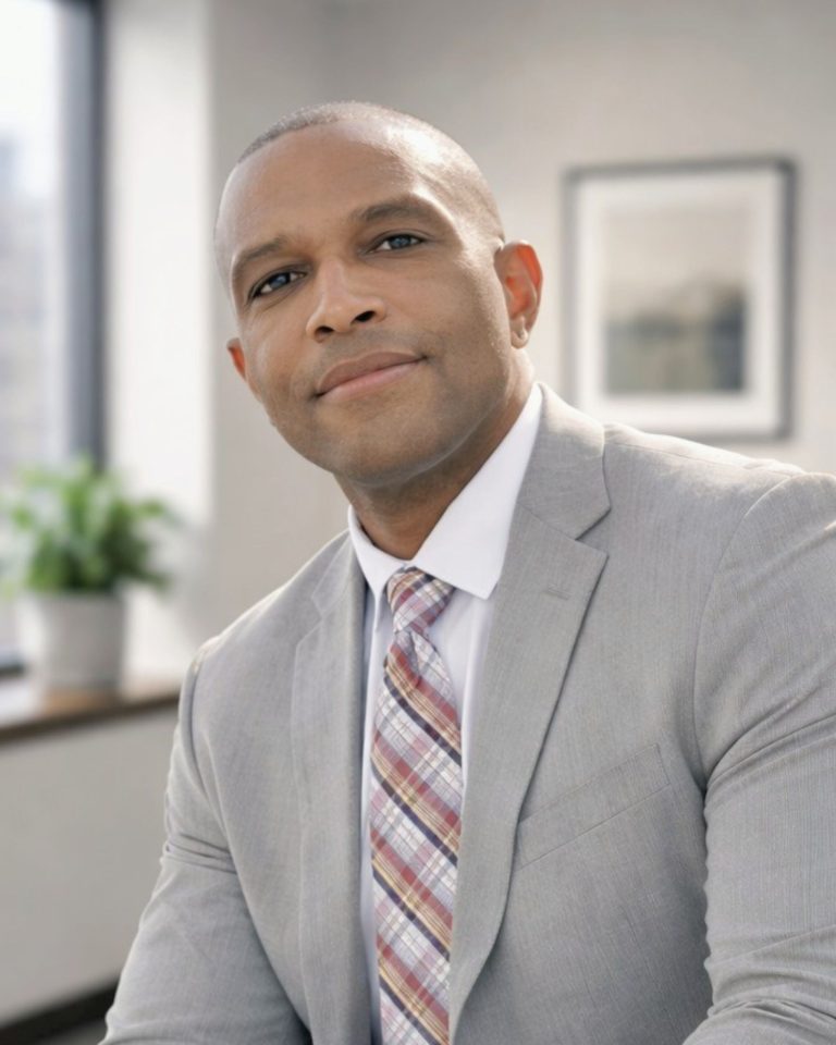 Dr. Justin Dargin in a light gray suit